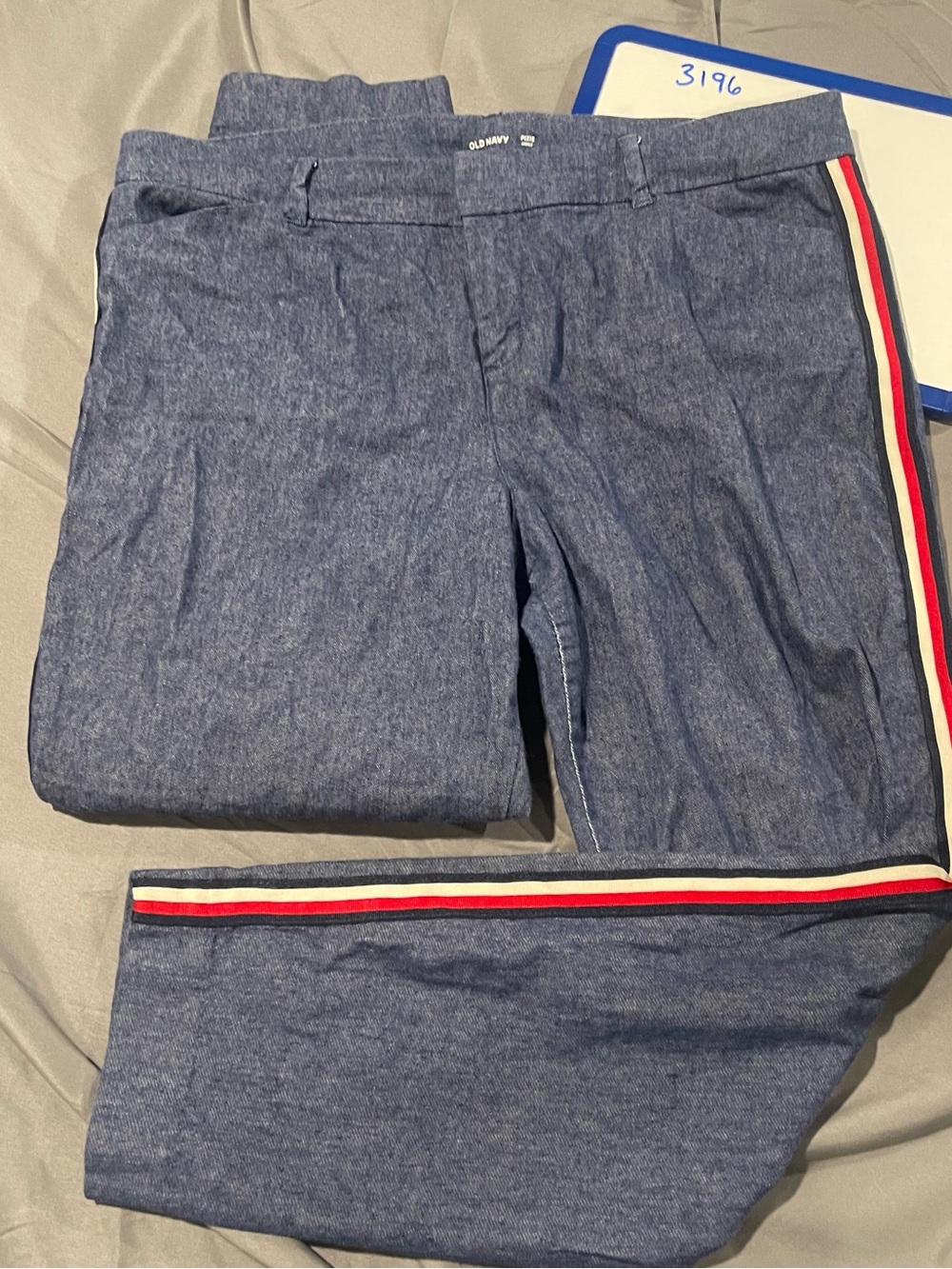 Old Navy Blue Chambray Ankle Pants with Red-White-Navy Side Stripe
